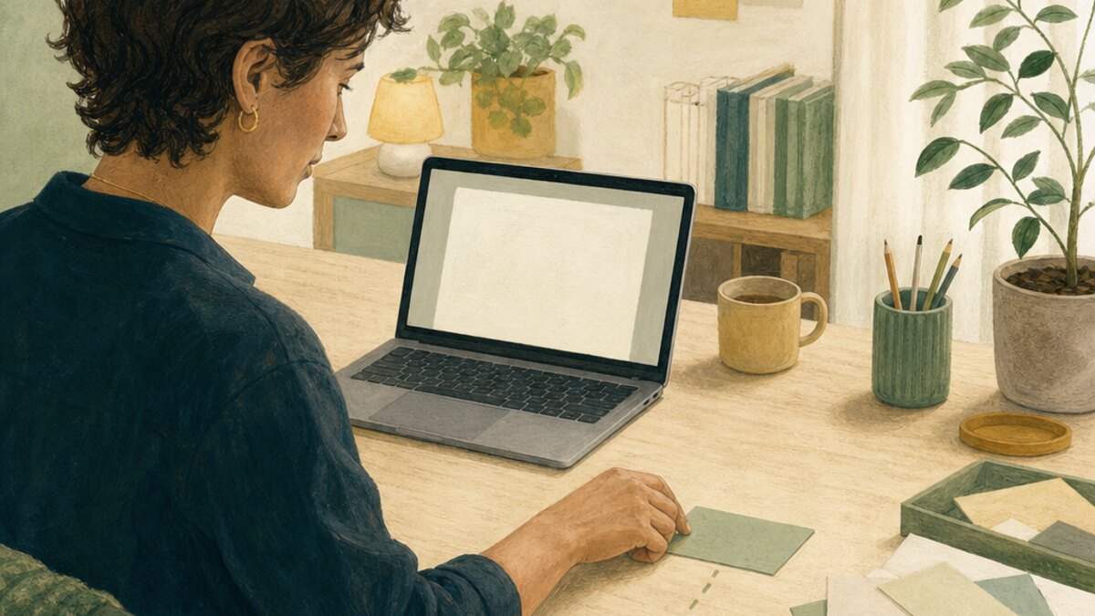 Illustration of a professional at a desk setting one blank card apart from other tasks.