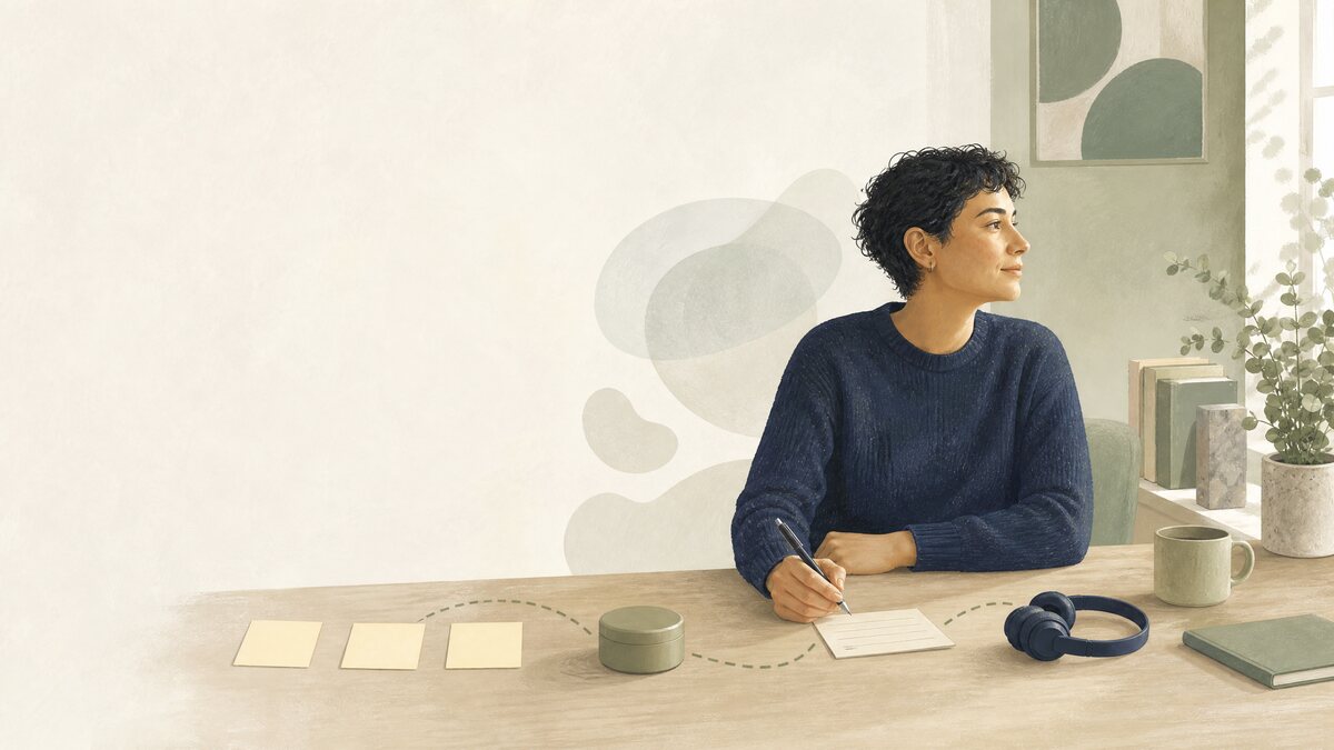 A professional using simple external work supports such as notes, a timer, and headphones in a calm workspace.
