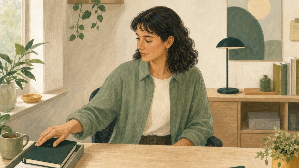 Illustration of a quiet workspace with a closing notebook and a clear next task.