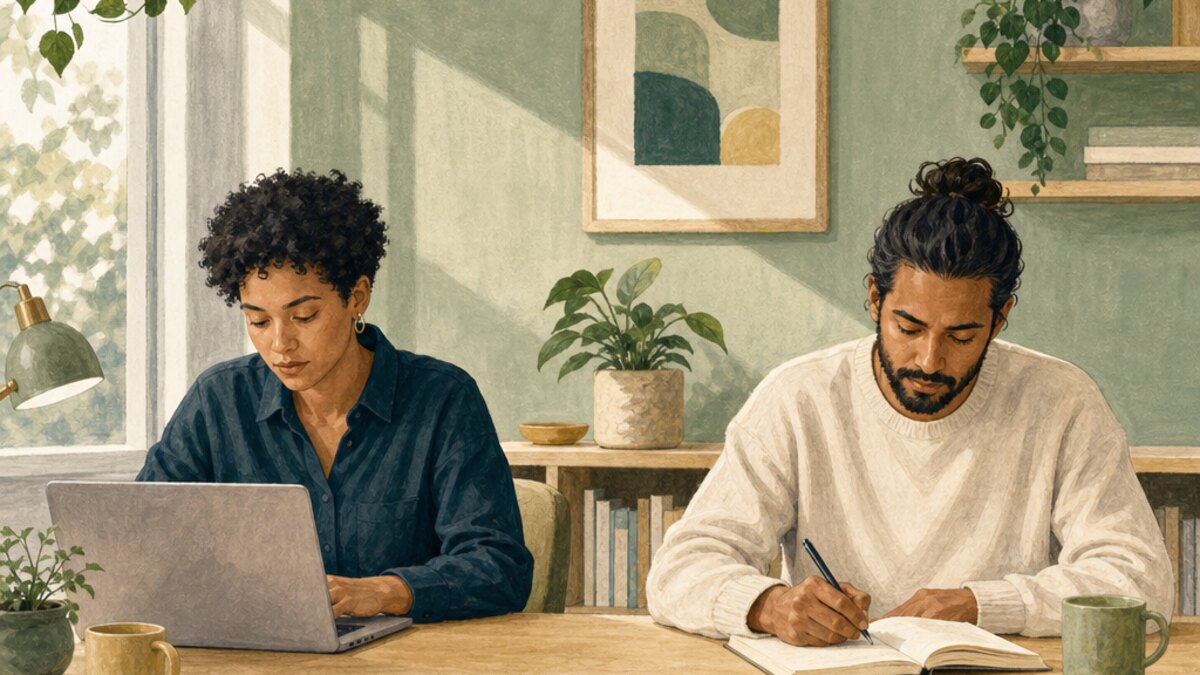 Illustration of two adult colleagues working independently at a shared table.