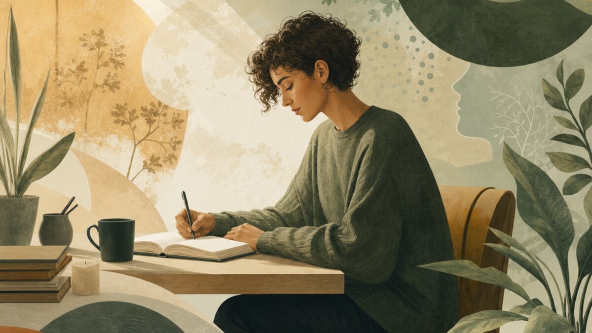A neurodivergent professional calmly reflects on personal patterns in a notebook in a quiet workspace.