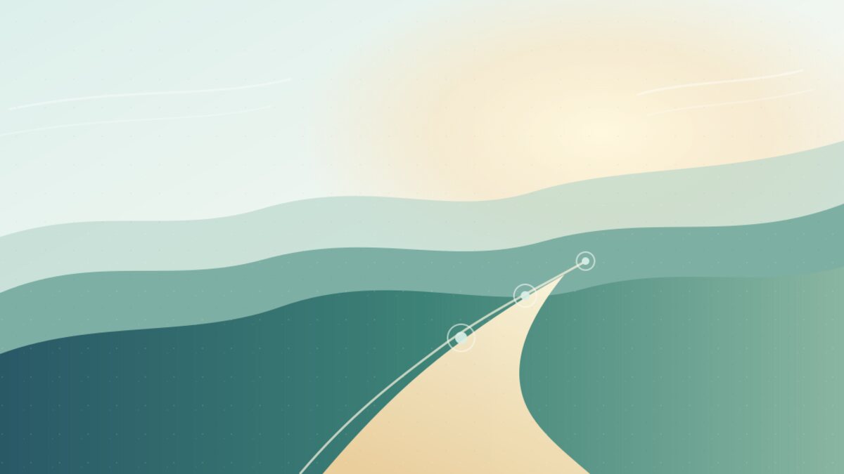 A calm abstract workday landscape with layered blue-green shapes, a clear path, and warm light representing invisible energy costs.