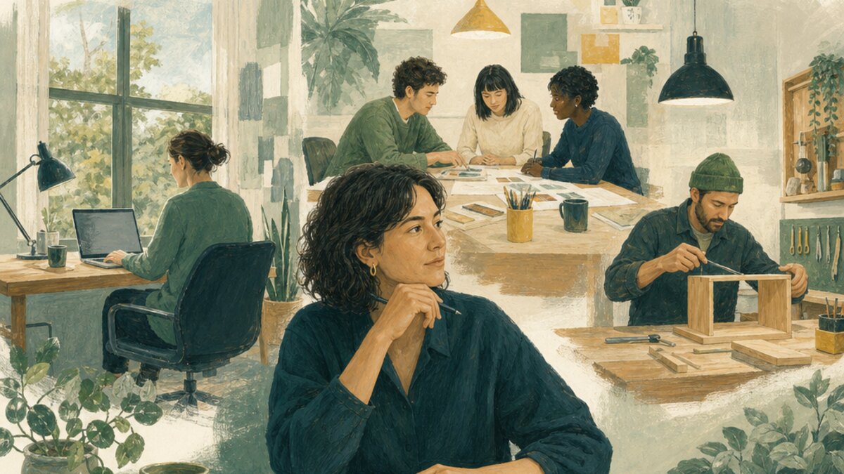 Illustration of a professional comparing a quiet desk, collaborative workspace, and hands-on workbench.