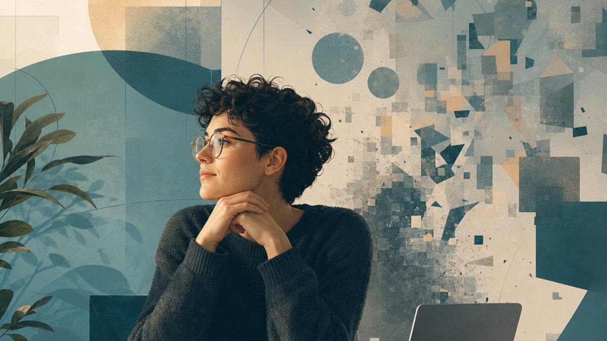 A neurodivergent professional pausing calmly at a desk as abstract layers of mental load soften behind them.