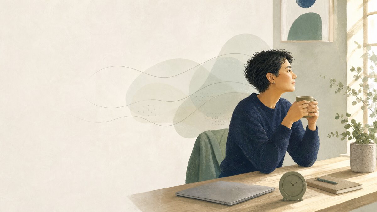 A neurodivergent professional taking a calm reflective pause at a desk before the end of the workday.