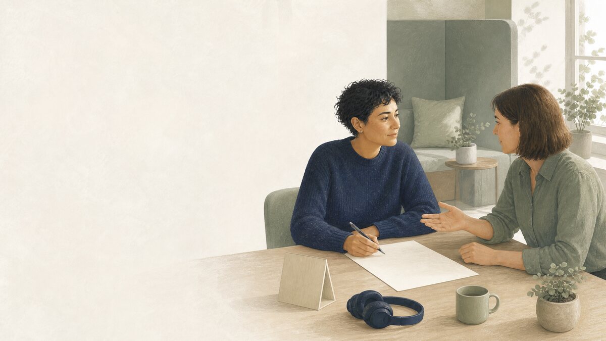 Two professionals having a calm, collaborative conversation about a work plan in a quiet workspace.