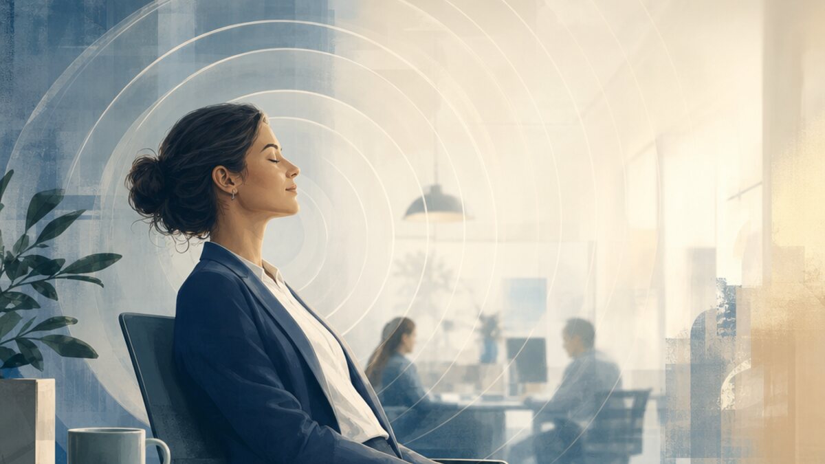 A neurodivergent professional takes a calm pause in a busy office, with soft abstract sound waves fading into the background.
